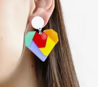 Geometric Rainbow Heart Drop Earrings, Multicoloured Acrylic, Statement Design