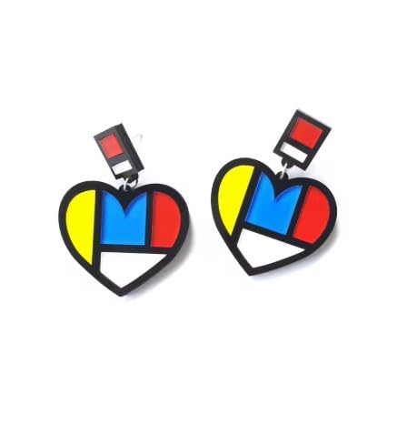 Modern Abstract Heart Drop Earrings, Geometric Colour Block Design, Blue Yellow Red White