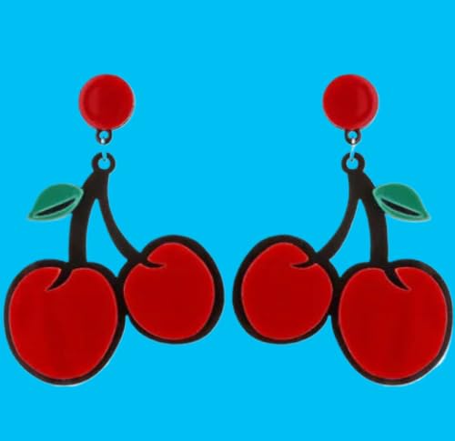 Cherry Drop Earrings, Red Acrylic, Double Cherry Design with Green Leaves