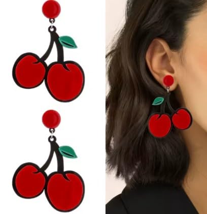 Cherry Drop Earrings, Red Acrylic, Double Cherry Design with Green Leaves