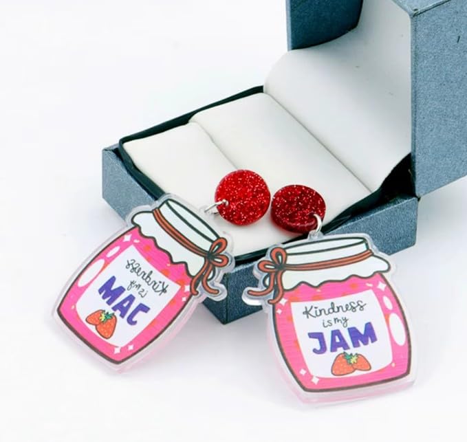 Kindness is My Jam Statement Earrings, Pink Mason Jar Design, 6.2 cm Drop Length