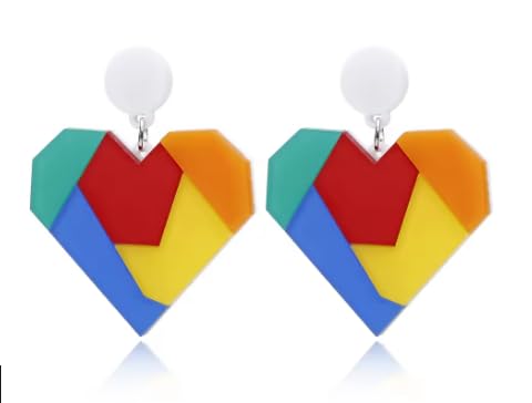 Geometric Rainbow Heart Drop Earrings, Multicoloured Acrylic, Statement Design
