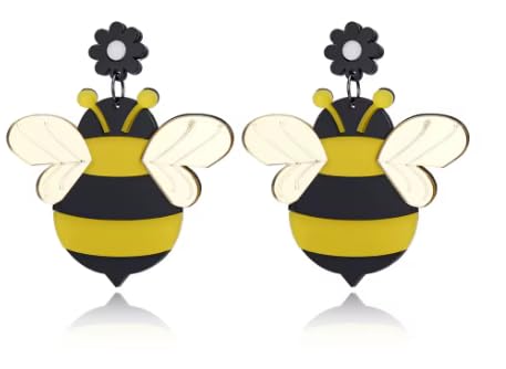 Cute Bumble Bee Acrylic Drop Earrings, Black and Yellow, Flower Detail