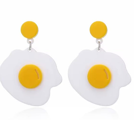 Funny Fried Egg Drop Earrings, White and Yellow Acrylic, 6 cm