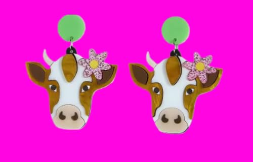 Cute Cow Dangle Earrings with Pink Glitter Flower, Green Circle Drop, Brown and White Design