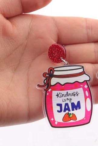 Kindness is My Jam Statement Earrings, Pink Mason Jar Design, 6.2 cm Drop Length