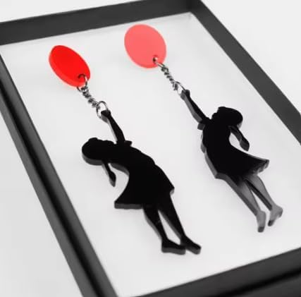 Silhouette Balloon Drop Earrings, Black Chain Dangle Design, Red Balloon Accent, Fashion Statement Jewellery