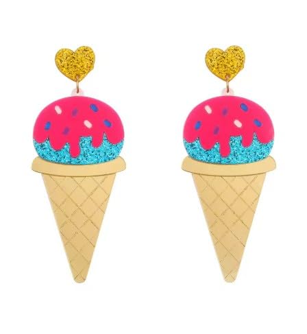 Ice Cream Cone Statement Earrings, Pink and Blue Glitter, Gold Heart Design