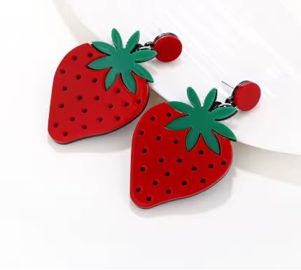 Cute Strawberry Drop Earrings, Red and Green Acrylic, Large 6 cm, Lightweight Fashion Jewellery for Women