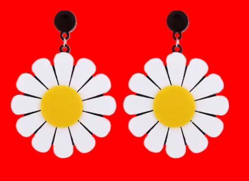 Daisy Drop Earrings, White and Yellow Acrylic Flower Design