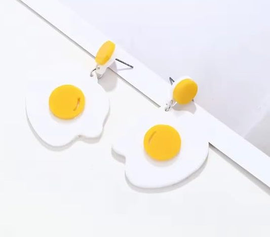 Funny Fried Egg Drop Earrings, White and Yellow Acrylic, 6 cm
