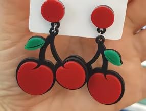Cherry Drop Earrings, Red Acrylic, Double Cherry Design with Green Leaves
