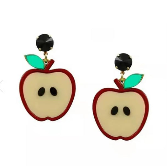 Cute Apple Drop Earrings, Red and Cream Acrylic with Green Leaf, Black Crystal Accent