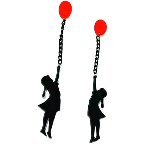 Silhouette Balloon Drop Earrings, Black Chain Dangle Design, Red Balloon Accent, Fashion Statement Jewellery