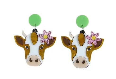 Cute Cow Dangle Earrings with Pink Glitter Flower, Green Circle Drop, Brown and White Design