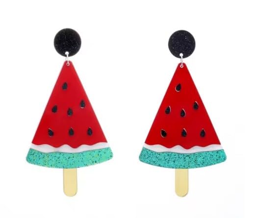 Watermelon Ice Lolly Drop Earrings, Red and Green Glitter, Acrylic Statement Jewellery