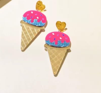Ice Cream Cone Statement Earrings, Pink and Blue Glitter, Gold Heart Design