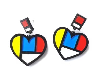 Modern Abstract Heart Drop Earrings, Geometric Colour Block Design, Blue Yellow Red White
