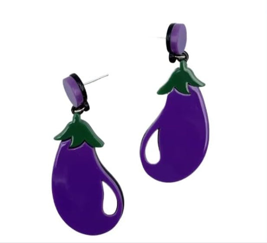 Funny Earring - Cute Eggplant Drop Earrings, Purple Acrylic with Green Leaf Detail