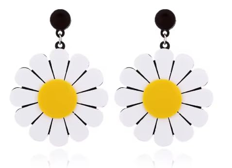 Daisy Drop Earrings, White and Yellow Acrylic Flower Design