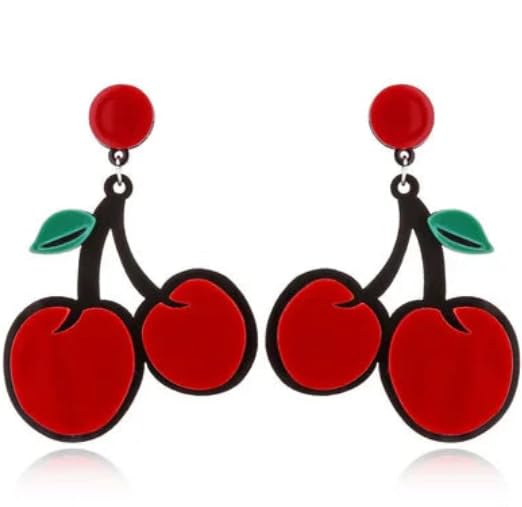 Cherry Drop Earrings, Red Acrylic, Double Cherry Design with Green Leaves