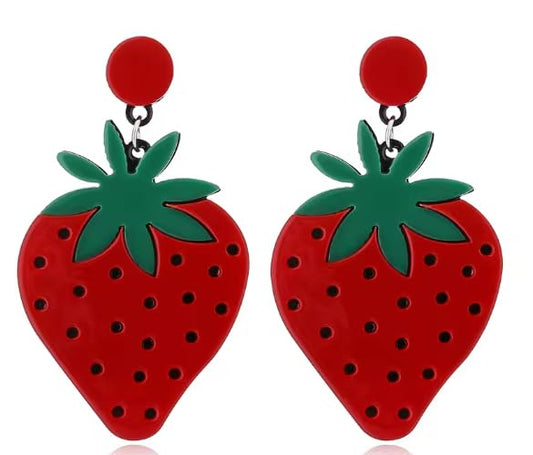 Cute Strawberry Drop Earrings, Red and Green Acrylic, Large 6 cm, Lightweight Fashion Jewellery for Women