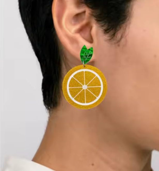 Glitter Orange Drop Earrings with Green Leaves, Statement Citrus Fruit Dangle Earrings