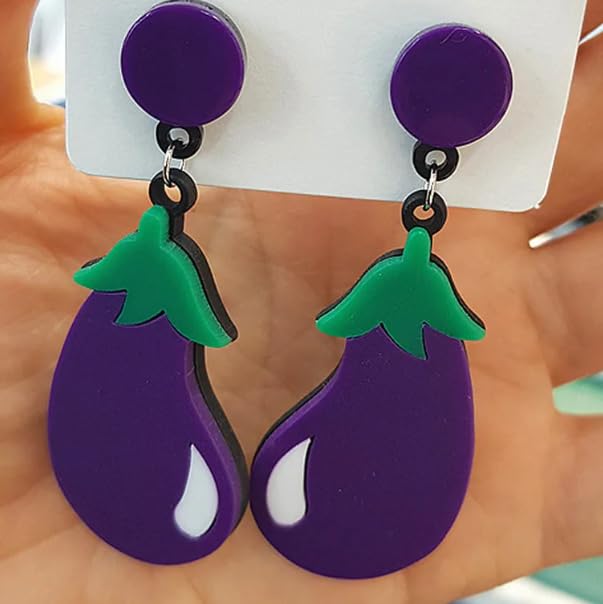 Funny Earring - Cute Eggplant Drop Earrings, Purple Acrylic with Green Leaf Detail