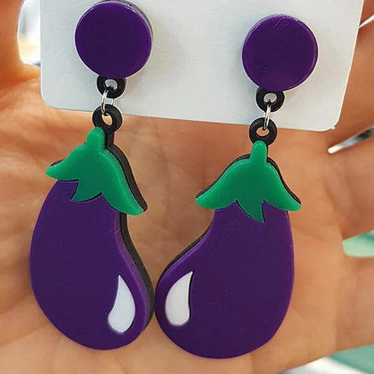 Funny Earring - Cute Eggplant Drop Earrings, Purple Acrylic with Green Leaf Detail