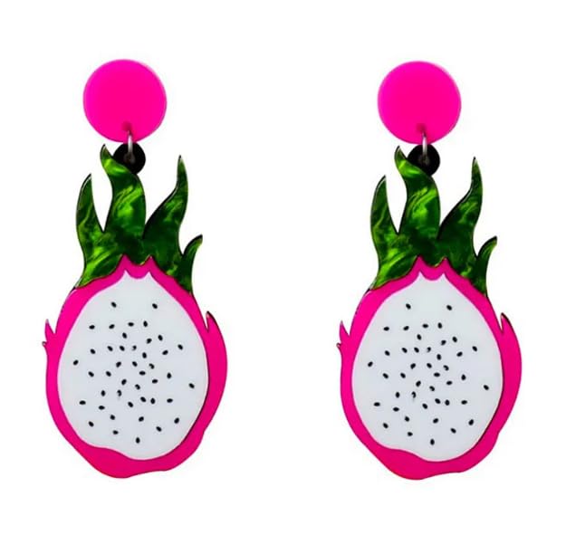 Dragon Fruit Drop Earrings, Pink and White Acrylic, 7.5 cm Length