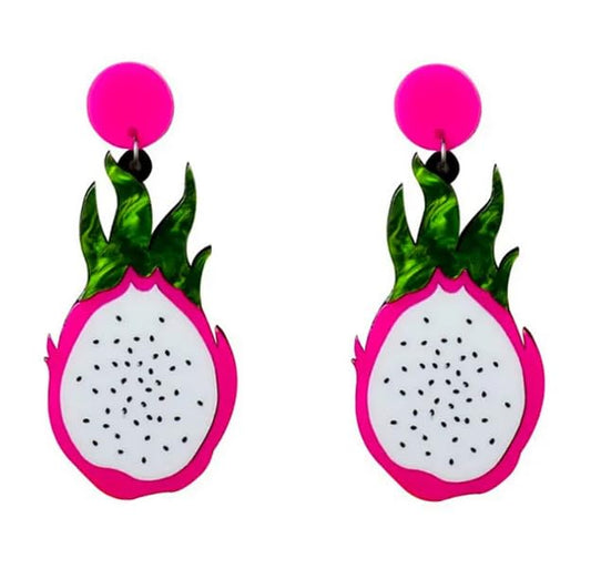 Dragon Fruit Drop Earrings, Pink and White Acrylic, 7.5 cm Length