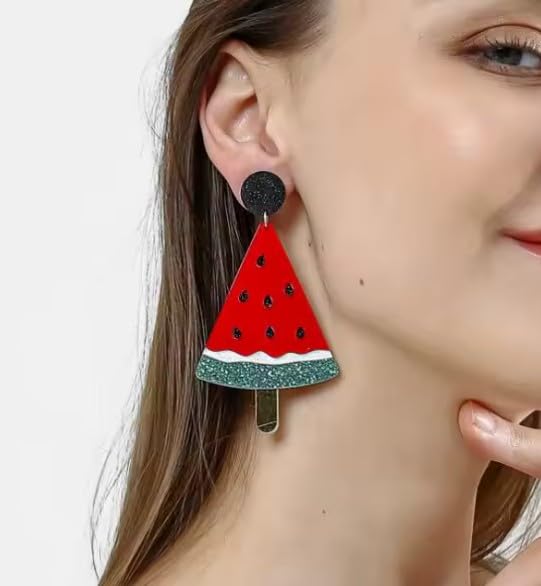 Watermelon Ice Lolly Drop Earrings, Red and Green Glitter, Acrylic Statement Jewellery