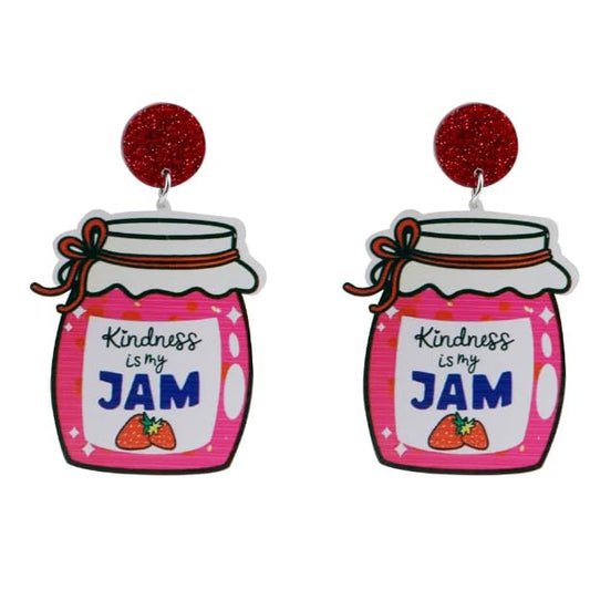 Kindness is My Jam Statement Earrings, Pink Mason Jar Design, 6.2 cm Drop Length