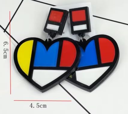 Modern Abstract Heart Drop Earrings, Geometric Colour Block Design, Blue Yellow Red White