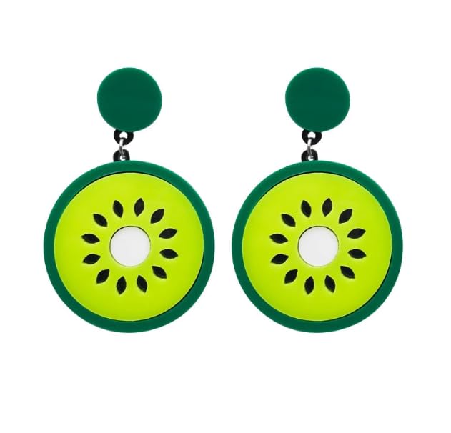 Kiwi Fruit Drop Earrings, Acrylic, 6 cm, Green and Yellow, Fashion Statement Jewellery for Women