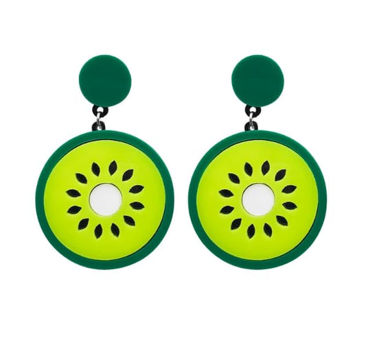 Kiwi Fruit Drop Earrings, Acrylic, 6 cm, Green and Yellow, Fashion Statement Jewellery for Women
