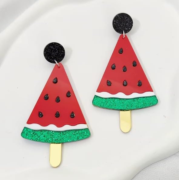 Watermelon Ice Lolly Drop Earrings, Red and Green Glitter, Acrylic Statement Jewellery