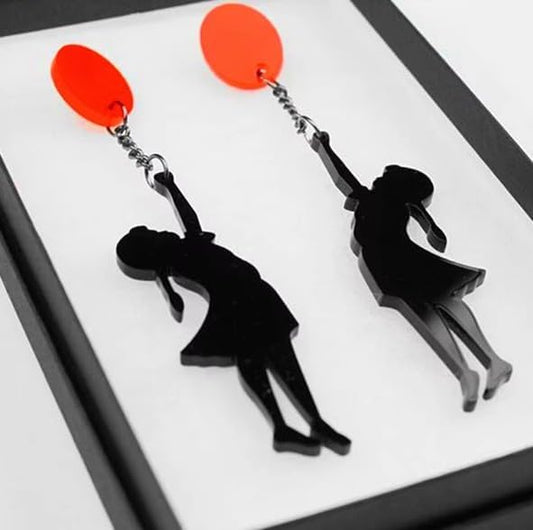 Silhouette Balloon Drop Earrings, Black Chain Dangle Design, Red Balloon Accent, Fashion Statement Jewellery