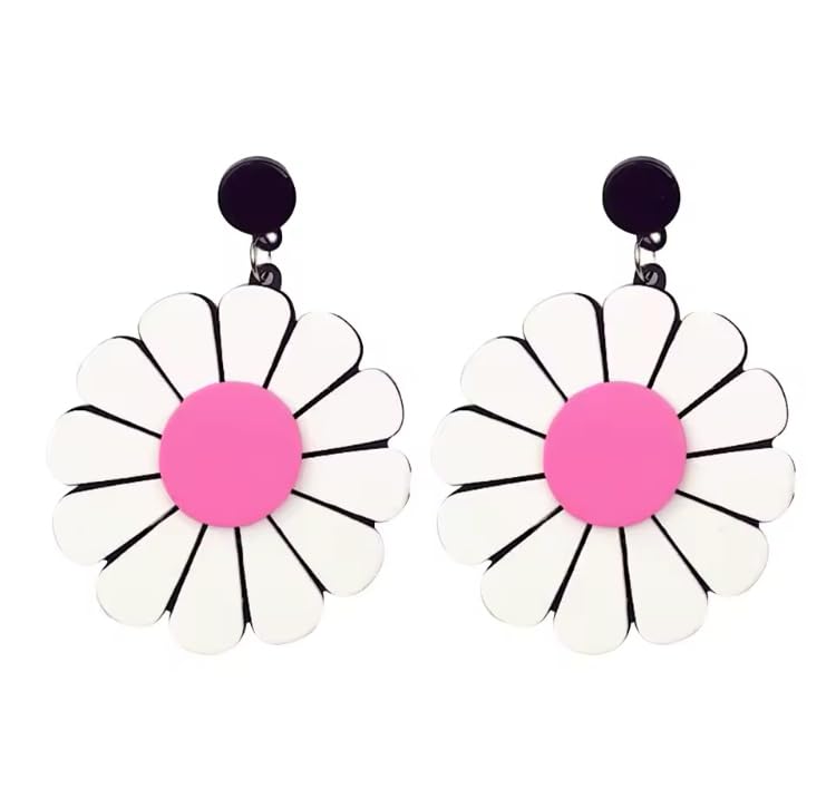 Pink White Daisy Drop Earrings for Women – Acrylic Floral Dangle Statement Earrings Lightweight Jewelry