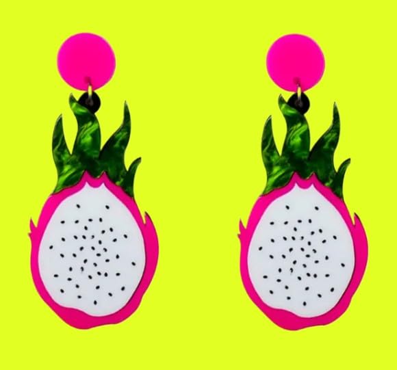 Dragon Fruit Drop Earrings, Pink and White Acrylic, 7.5 cm Length