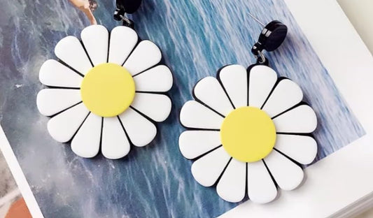Daisy Drop Earrings, White and Yellow Acrylic Flower Design