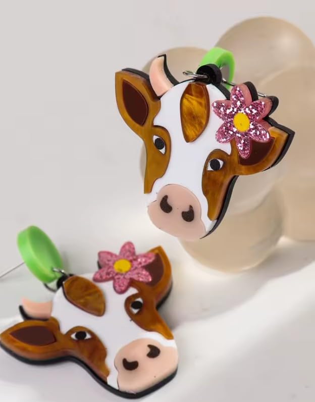 Cute Cow Dangle Earrings with Pink Glitter Flower, Green Circle Drop, Brown and White Design