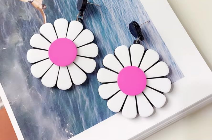 Pink White Daisy Drop Earrings for Women – Acrylic Floral Dangle Statement Earrings Lightweight Jewelry