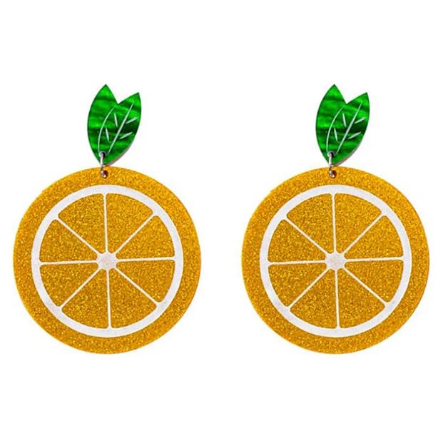 Glitter Orange Drop Earrings with Green Leaves, Statement Citrus Fruit Dangle Earrings