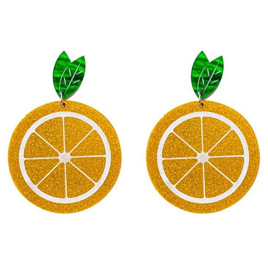 Glitter Orange Drop Earrings with Green Leaves, Statement Citrus Fruit Dangle Earrings