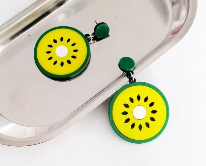 Kiwi Fruit Drop Earrings, Acrylic, 6 cm, Green and Yellow, Fashion Statement Jewellery for Women