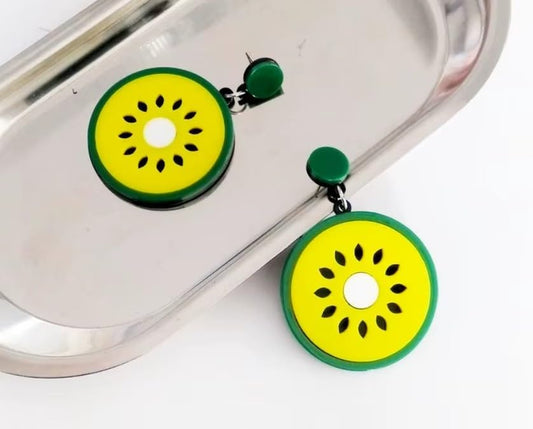 Kiwi Fruit Drop Earrings, Acrylic, 6 cm, Green and Yellow, Fashion Statement Jewellery for Women