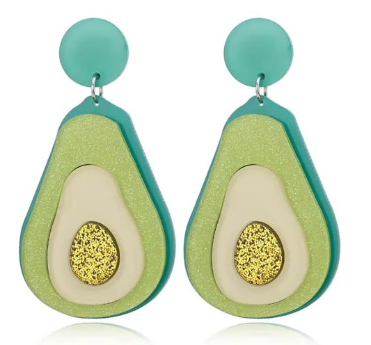 Glitter Avocado Drop Earrings, Turquoise and Green Acrylic, Statement Fashion Jewellery